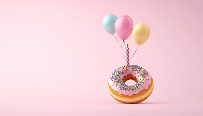 A colorful donut with pink icing and sprinkles, adorned with balloons and a candle, set against a pastel pink background