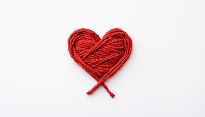 Red yarn arranged in a heart shape on a clean white background, symbolizing love and creativity