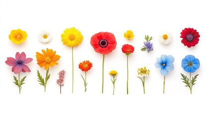 A vibrant arrangement of colorful flowers showcasing various species and sizes against a white backdrop