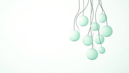 Abstract composition of soft green spheres suspended by thin wires against a light background