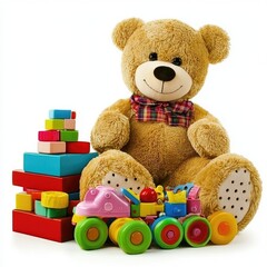 Teddy bear with toys, white background, child's play, website banner