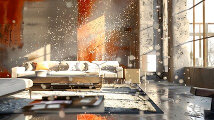 Illustration of An ultra-modern living room with sleek furniture, partially disintegrating into digital particles, blending luxury with chaos. Ai Generate.
