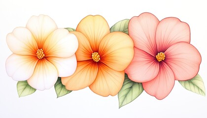 Vibrant floral arrangement featuring three blossoms in white, orange, and pink with green leaves