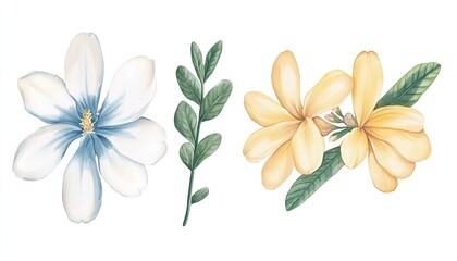 Fototapeta premium Beautiful watercolor illustration of white and yellow flowers with green leaves, ideal for botanical designs