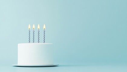 A simple white birthday cake with four lit candles on a light blue background, ideal for celebrations