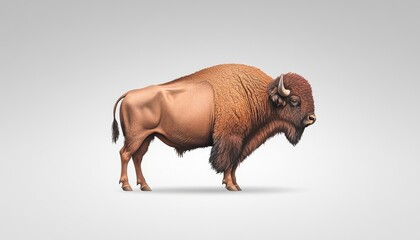 Realistic depiction of a bison standing against a neutral background, showcasing its muscular structure