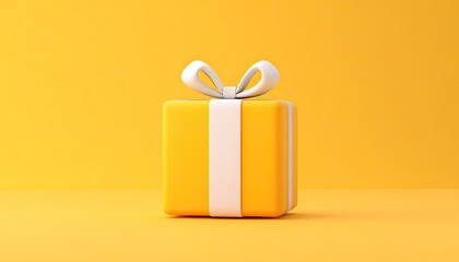 A vibrant yellow gift box with a white ribbon, set against a matching yellow background, ideal for celebrations