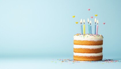 A colorful birthday cake with candles and sprinkles on a light blue background, celebrating joy