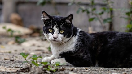 Obraz premium Black and White Stray Cat, Serene Ground Animal Photography