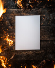 blank white card on a rustic wooden surface surrounded by flames