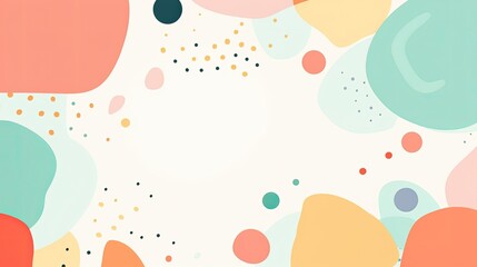 Abstract design featuring colorful shapes and dots on a light background.
