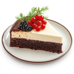 Delicious chocolate cake slice with berries, studio shot, dessert, food photography