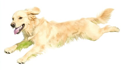 A joyful golden retriever leaps playfully across a vibrant green meadow under a clear blue sky