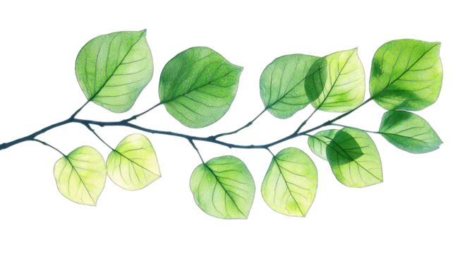 Backlit leaves on branch against dark background, ideal for nature design