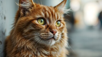 Fototapeta premium Curious Orange Tabby Cat Portrait, Stray Cat Animal Photography Close-up Expression
