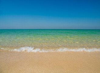 Fototapeta premium Photography horizon beautiful landscape summer season panorama tropical sea beach white sand clean blue sky background calm nature ocean soft wave water travel at Sai Kaew Beach island sun day time