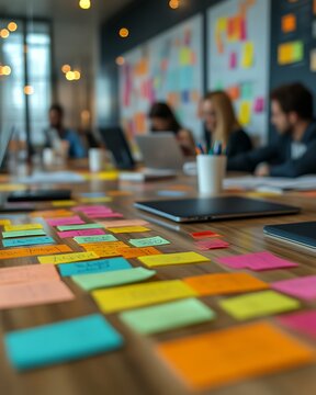 Team brainstorming, sticky notes on table.