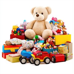 Teddy bear atop colorful toy pile, studio shot, white background, children's playtime
