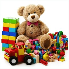 Teddy bear and colorful toys; playroom; child's room; educational toys; website banner
