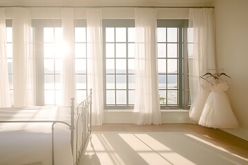 Obraz premium Sunlit bedroom with wedding dresses and lake view.