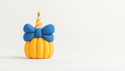 Colorful birthday candle shaped like a pumpkin with a blue bow, set against a minimalistic white background