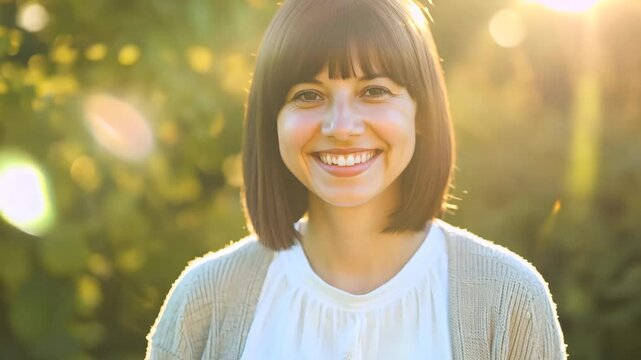 Cheerful Young Woman Smiling Brightly in a Sunny Garden Setting