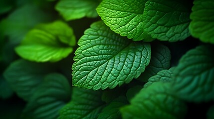 Lush Green Mint Leaves Close Up Macro Shot