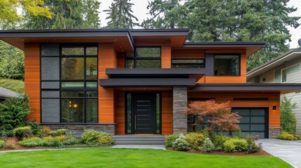Obraz premium Modern two-story house with wood siding, large windows, and landscaped lawn.