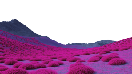 Surreal Alien Landscape with Vibrant Pink Bushes and Dark Blue Hills, Futuristic Extraterrestrial Terrain on a Transparent Background. Cutout.