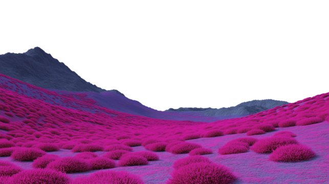 Surreal Alien Landscape with Vibrant Pink Bushes and Dark Blue Hills, Futuristic Extraterrestrial Terrain on a Transparent Background. Cutout. - Powered by Adobe