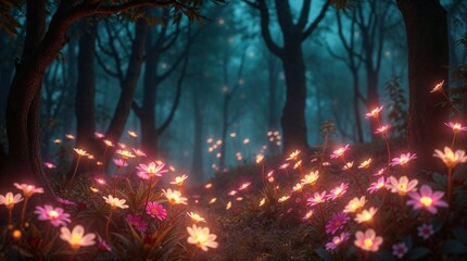 Fototapeta premium 3D render of a glowing bioluminescent fairy garden in a forest with flowers. 