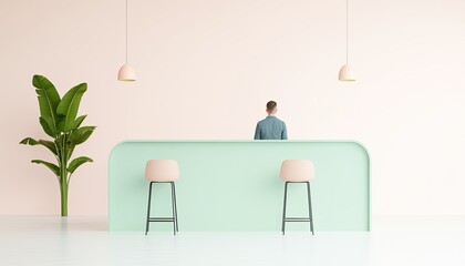 Modern minimalist reception area featuring a man standing at a pastel-colored counter with plants