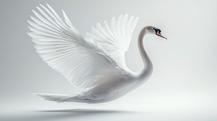 Obraz premium Graceful white swan in flight, soft background, nature imagery, website banner