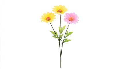 Obraz premium Vibrant artificial flowers in a minimalist setting, showcasing yellow and pink petals with green leaves