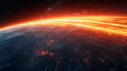 A fiery expanse of cosmic phenomenon above a dark planet surface with glowing spots and stars in the background