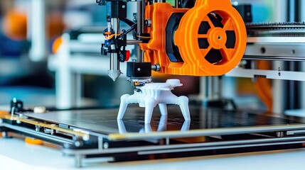 Fototapeta premium 3D printer creating white model, lab background, technology innovation