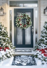 Fototapeta premium A front door decorated with a lush Christmas wreath, garland, and a welcome mat covered in snow.