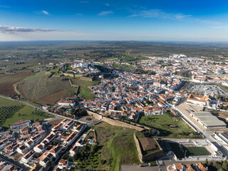Aerial view of Estremoz fortified garrison town on the Portuguese Spanish border with medieval castle and ramparts 