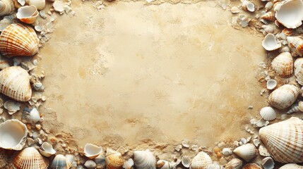 Obraz premium Seashells border on sandy beach background