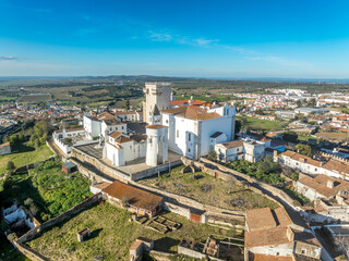 Aerial view of the castle of Estremoz in Portugal dominated by a square keep built from white marble