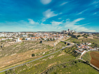 Aerial view of the castle of Estremoz in Portugal dominated by a square keep built from white...