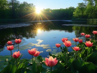 Obraz premium Sunrise over tranquil pond with pink tulips.