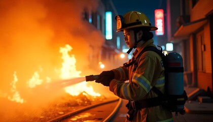 Naklejka premium Brave Firefighter Battling Blaze in City Streets