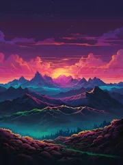 Fototapeten Neon Majesty: Electrified Peaks Beneath a Purple Sky © Ambient Sanctuary