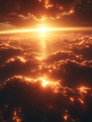 Fototapeta premium Fiery sunset above a sea of clouds.