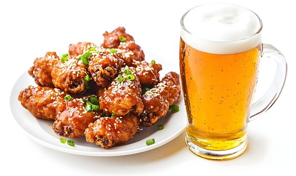Glazed chicken wings, beer, studio shot, white background, food menu