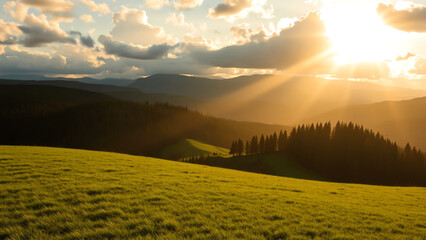 Sunset Over Rolling Green Hills