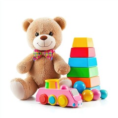 Teddy bear, blocks, toy train, studio shot, children's toys, background white