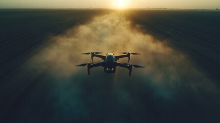 Naklejka premium Aerial View of Drone Flying Over Fields at Sunrise with Dust Cloud