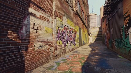 Fototapeta premium Graffiti art on a brick wall in an alley, photorealistic street culture depiction 